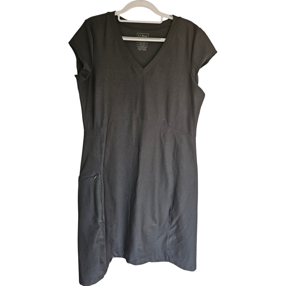 LL‎ Bean Active Dress Wmns Large Black V-Neck Short Sleeve Zipper Pocket Stretch
